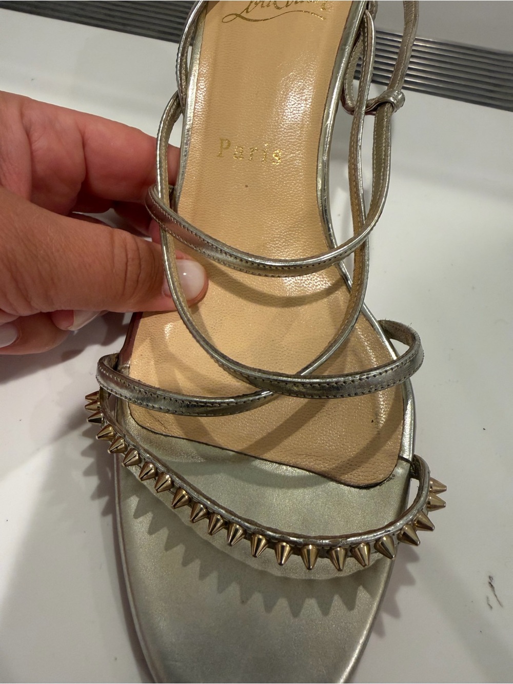 Christian Louboutin Silver Metallic Strappy Spike Sandals - Picture 5 of 9